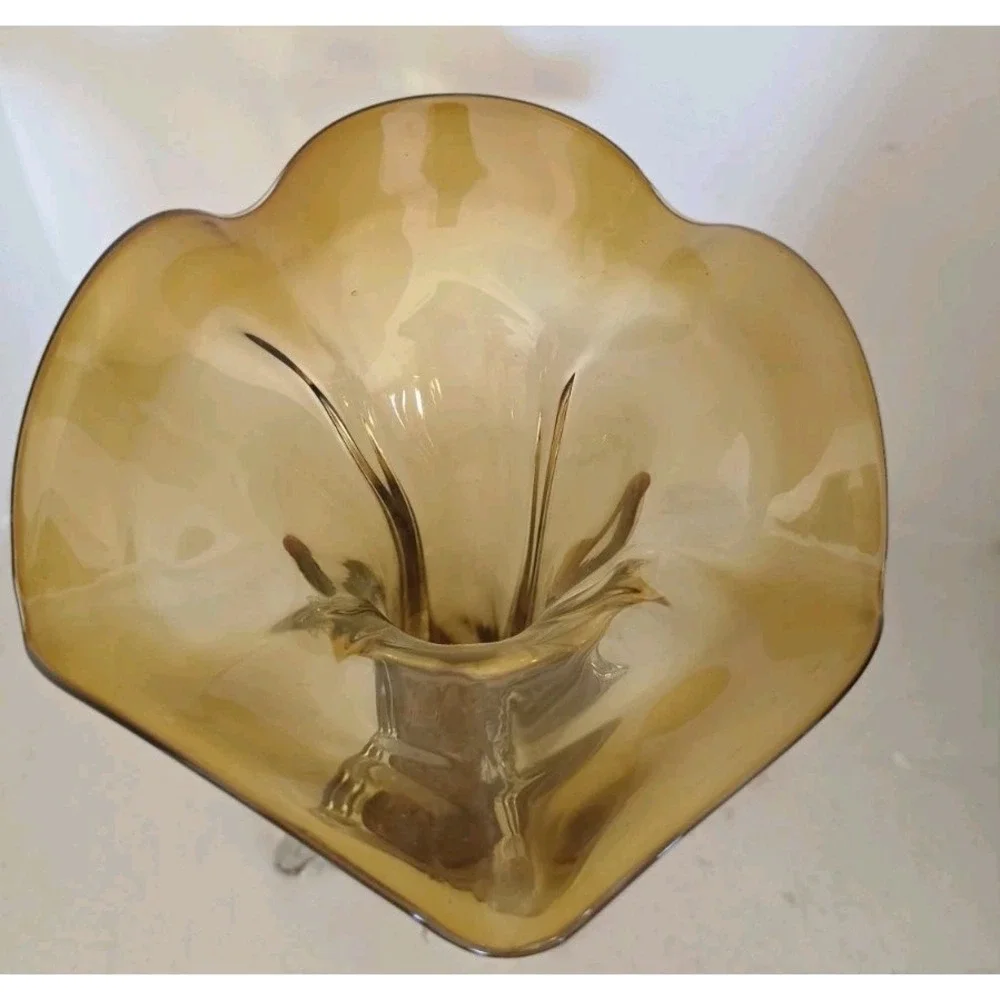 VTG Amber Art Glass Ruffled Fluted Flower Vase Swung Style MCM Hand Blown Decor
